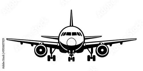 Airplane front view with landing gear deployed, representing aviation, flight, and international journey