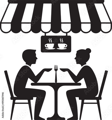 Two individuals enjoying a coffee date under an outdoor café umbrella