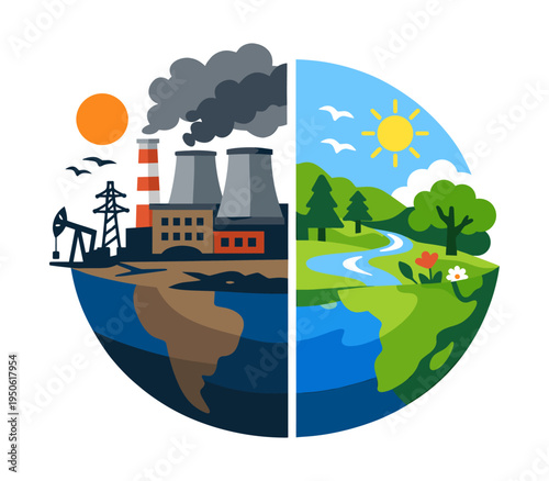 Image showing the stark difference between a polluted industrial landscape and a thriving, sustainable natural environment on Earth
