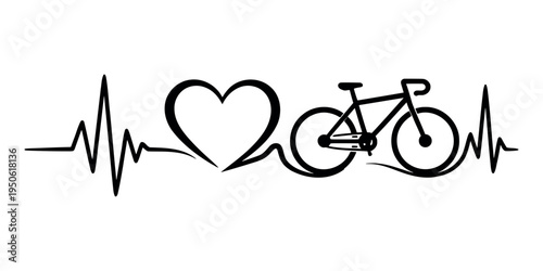 Heartbeat line with a heart outline and bicycle silhouette, illustrating healthy lifestyle and love for cycling and fitness