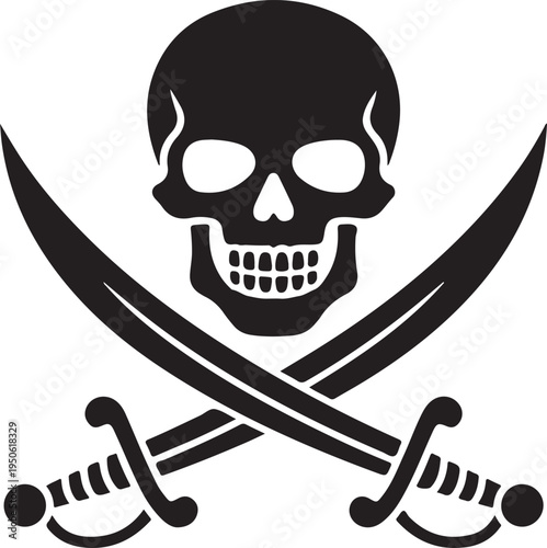 Classic pirate skull and crossed swords emblem in bold black and white design