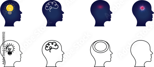 Set of 8 human head icons vector, thinking, ideas, mind