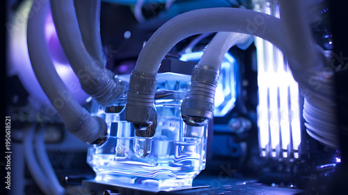 Wallpaper Mural Modern Computer Liquid Cooling System Detail with Bright Blue Illumination and Transparent Tubing, Advanced Computing Technology Torontodigital.ca