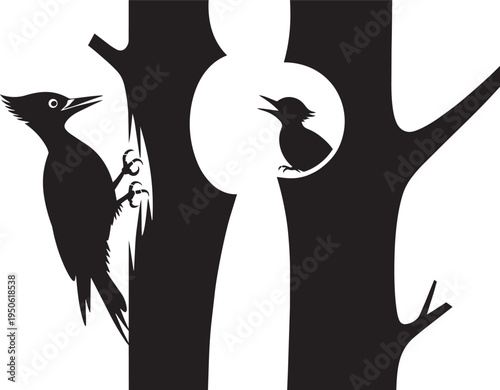 Silhouette illustration of a woodpecker perched on a tree branch with a hole in the trunk.