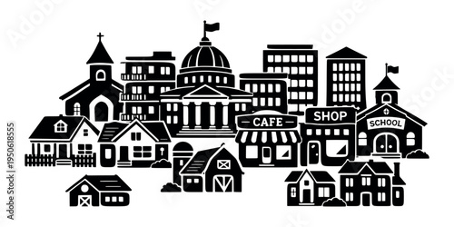 Grouping of neighborhood homes, shops, church, school, and government building, creating an emblem of modern living
