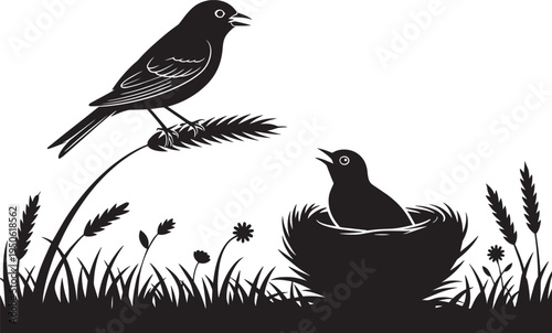Silhouette illustration of adult bird feeding young bird in nest with grass and reeds on black back