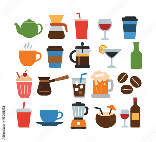 Beverage icons flat style set with various drinks, including hot and cold options, alcoholic cocktails, and refreshments