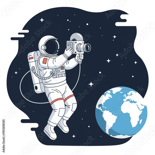 Vector illustration of an astronaut in a white spacesuit floating in outer space while holding a vintage camera to film the planet Earth against a starry dark background.