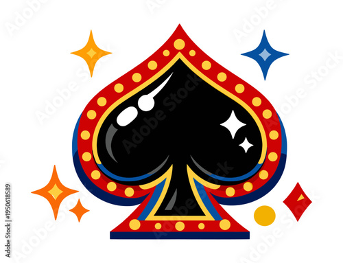 Decorative spade card suit symbol presenting a flashy sign with bright lights, for gaming, luck, and winning concepts