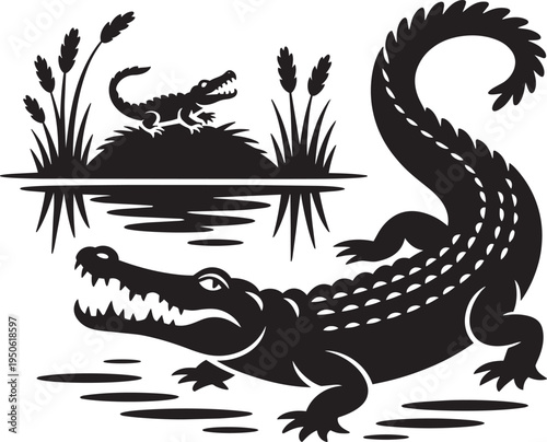 Silhouette illustration of an alligator and a young alligator near reeds in water