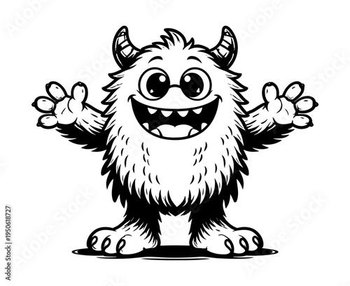 Cute happy fuzzy monster creature character with a wide grin, horns, and hairy body presenting a friendly mood