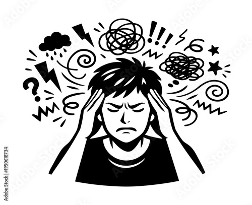 Person suffering from a headache, stress, and anxiety. Feeling overwhelmed and having confusing thoughts