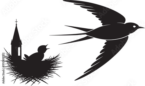 Silhouette of a bird in flight above a nest with chicks, clean vector art