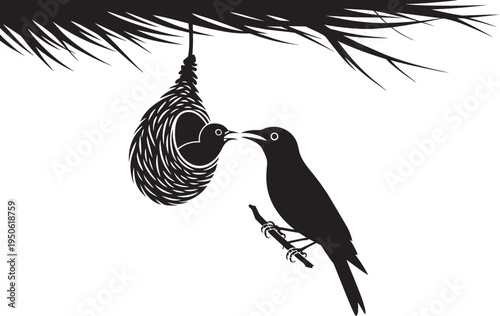 Silhouette of a bird tending to its hanging nest on a tree branch, graphic design