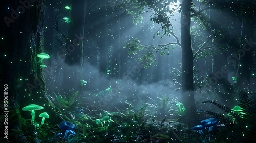 Enchanted forest with glowing green mushrooms and blue fungi night