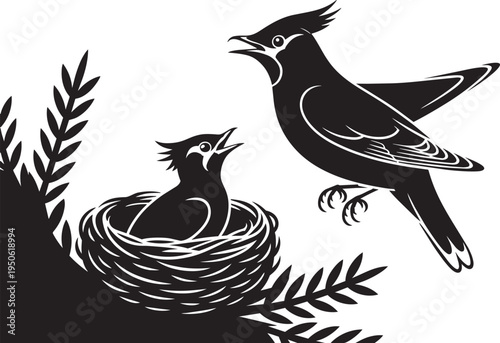 Silhouette of adult bird feeding chick in nest with branch and leaves elements in dark