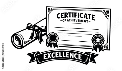 Symbol of award and success showing certificate of achievement and diploma representing excellence and recognition