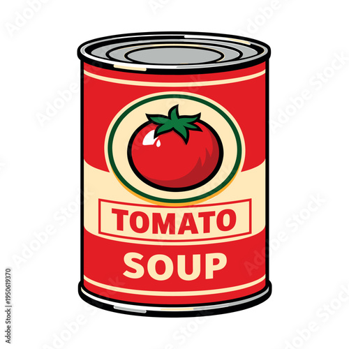 Tomato soup can illustration. Emphasizing a modern pop art style, packaging design with a bold red label and classic tomato graphic on a white background