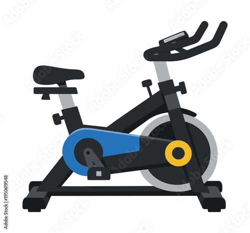 Stationary bicycle with blue and black details, representing gym equipment for home workouts, an exercise machine ideal for fitness