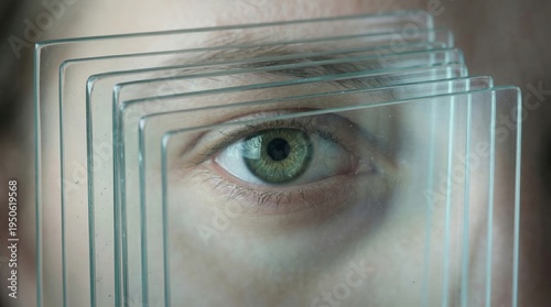 Human eye observing through layered glass panels exploring perception