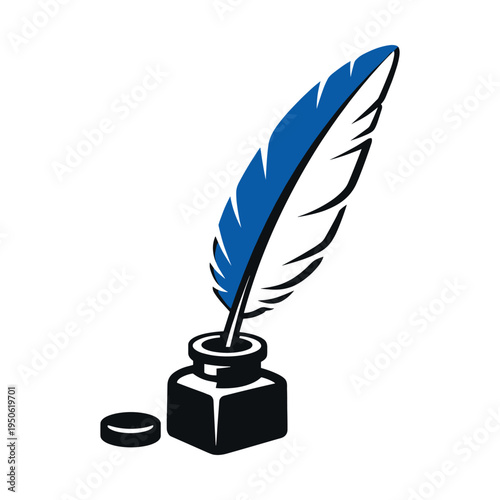 Quill pen feather dipping in an inkwell, symbolizing writing, education, historical communication, and creative storytelling
