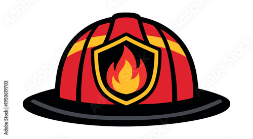 Firefighter helmet with a shield badge and flame symbol, representing protection and safety in emergency services