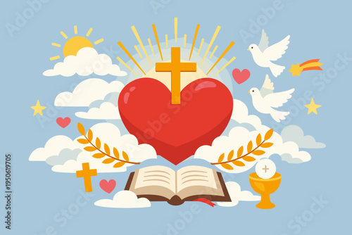 Christian Faith and Love Concept Vector Illustration with Large Red Heart, Golden Cross, Open Holy Bible, Eucharist Chalice, White Doves, Sun, and Clouds in a Flat Design Style for Religious Use