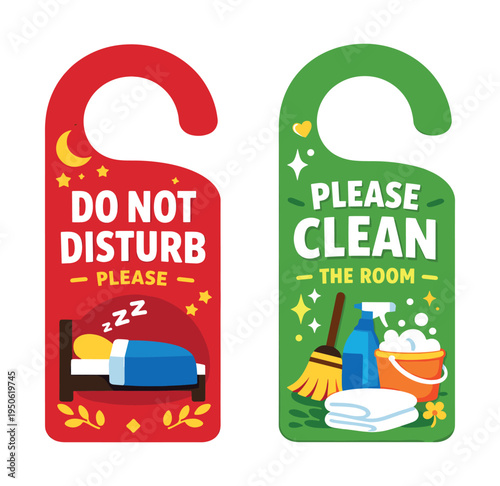 Hotel door hangers displaying Privacy Please with a dozing figure and Housekeeping Needed with cleaning items