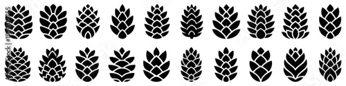A set of stylized black silhouettes of pine or fir cones. Minimalist vector illustration of nature, forest, and winter decor elements.