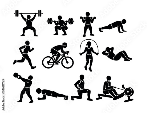 Fitness icons showing people performing different exercises like lifting weights, squatting, push-ups, running, cycling, and skipping