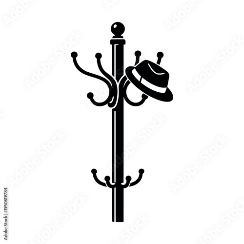 Classic black and white silhouette presenting a fedora hat hanging on a coat rack, offering a retro style and organizational theme