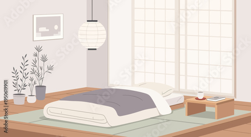 Cozy Japanese Bedroom with Futon, Tatami Mat, and Natural Light
