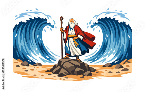 Moses raising his staff, standing on rocks as the Red Sea parts, creating two walls of water for escape