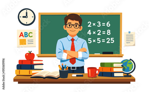 Confident male teacher leading a math lesson on multiplication in a classroom, with a desk adorned with books and a globe