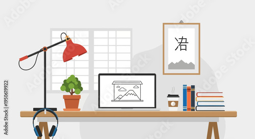 Cozy Home Office Desk with Laptop, Books, Lamp, and Japanese Art
