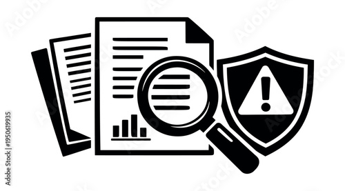 Document review for potential threats, showing a magnifying glass examining papers with a protective shield and warning sign