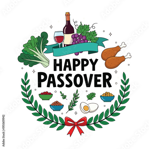 A colorful illustration depicts a happy passover celebration with traditional foods and symbols