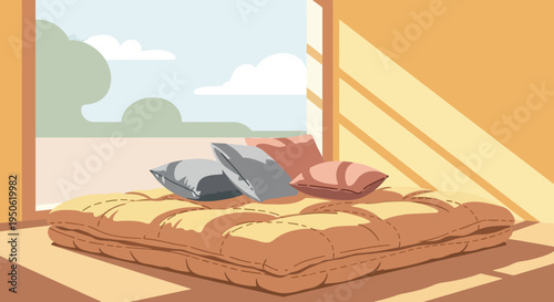 Cozy Window Seat with Cushions and Sunlight, Peaceful Relaxation