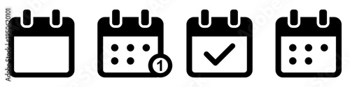 Calendar and scheduling icons set. Date, event, and reminder symbols. Calendar web icons with marks and different line weights. Vector illustration.