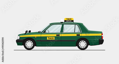 Green Japanese Taxi Car, Pixel Art Style, Side View, Urban Transportation