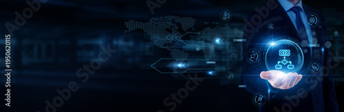 Programmer hand holding with worldwide network connection, coding technology, software engineering, programming logic, algorithm development concept.