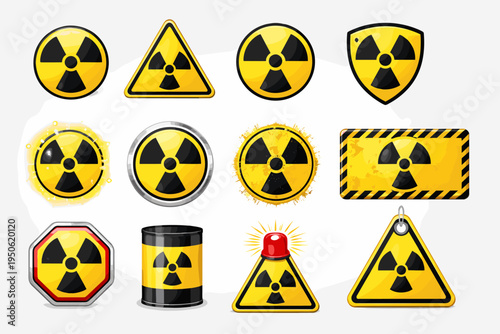Collection of radioactive and nuclear radiation warning symbols and icons. Hazard signs for toxic waste, atomic energy, and radiology. Glossy, metallic, and grunge styles for safety alerts.