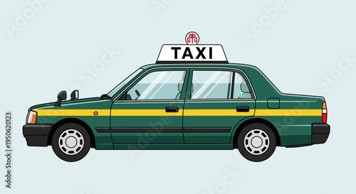 Green Japanese Taxi Car with Yellow Stripe - Pixel Art Style