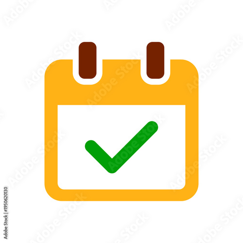 Colored calendar icon with a checkmark. Symbol of a completed event or confirmed date. Flat scheduling icon, isolated on a white background. Vector illustration.