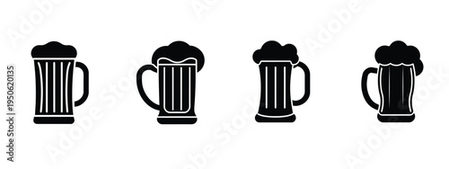 Assorted beer mug and glass silhouette icon featuring foamy froth, pub bar beverage drink party celebration more vector illustration or editable stroke.