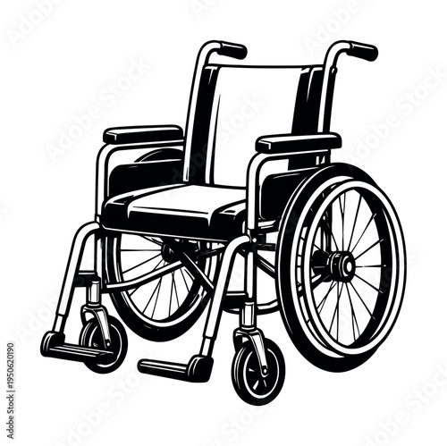 Wheelchair object on white background, representing medical mobility assistance for disability, healthcare, and independence