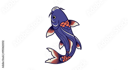 Japanese Koi Fish Illustration, Blue and Orange, Isolated on White Background