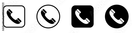 Phone handset icons set in frames. Call button and contact information symbols. Square and round phone web icons. Vector illustration.