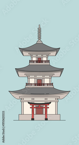 Japanese Pagoda Temple with Torii Gate, Minimalist Illustration, Cultural Landmark