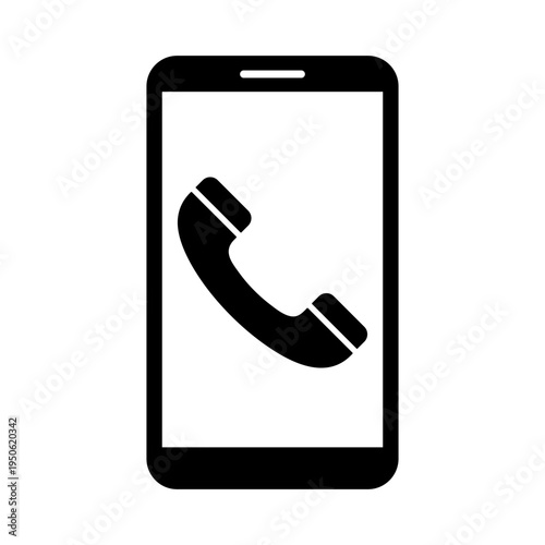 Smartphone icon with a handset on the screen. Symbol of a mobile call and incoming call. Black gadget silhouette isolated on white. Vector illustration.